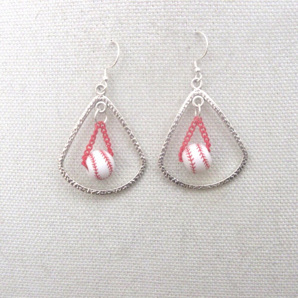 Choice Large Ceramic Baseball Teardrop Chain or Beaded Earrings Sterling Wires